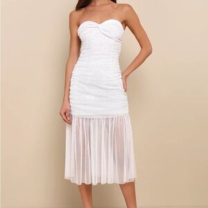 Lulu’s White Mesh Rhinestone Ruched Strapless Dress Wedding Reception Formal
